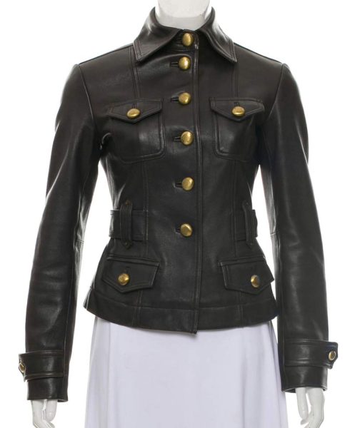 Women's Shirt Collar Style Black Leather Button Up Jacket